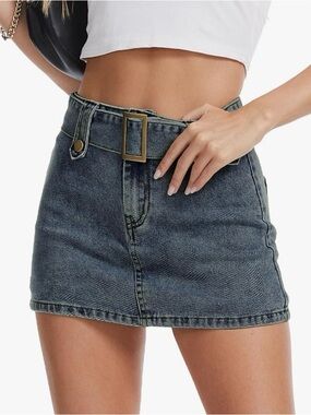 High-Rise Denim Mini Skort  with Belt - Retro Blue- large metal buckle